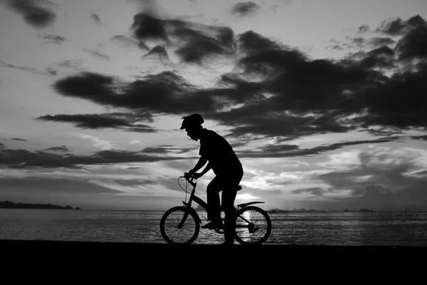 Silhouette of man with bicycle on beach