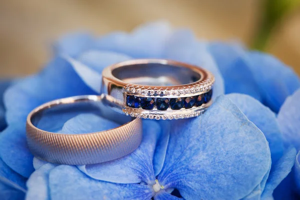 Wedding rings on the blue flowers
