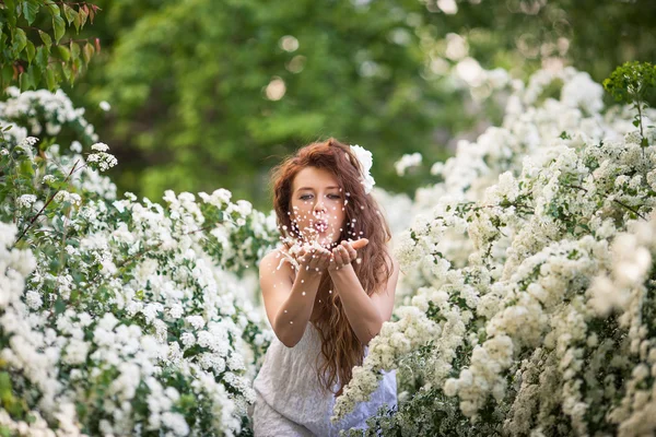 Beautiful young lady in spring garden full of white flowers. She inflates flower petals from her hands
