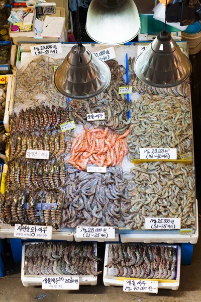 Shrimps of different sizes at fish market in Seoul