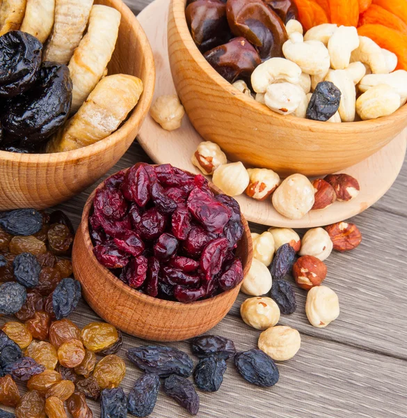 Dried fruits in wooden bowl