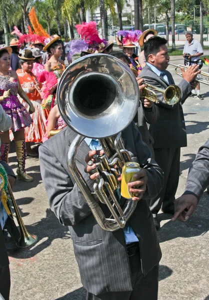 Musician in Bolivian Independence Day parade in Brazil