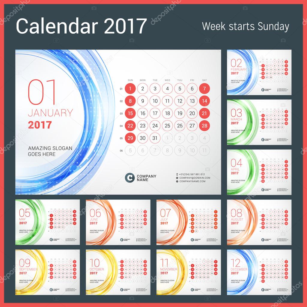 2017 年の卓上カレンダー。12 月のセット。週は日曜日から開始します。抽象的な円形の背景を持つベクター デザイン印刷テンプレート \u2013 ストックイラストレーション