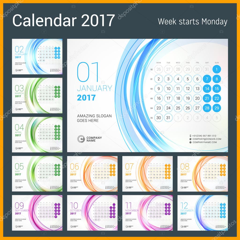 2017 年の卓上カレンダー。12 月のセット。月曜始まり。抽象的な円形の背景を持つベクター デザイン印刷テンプレート \u2013 ストックイラストレーション