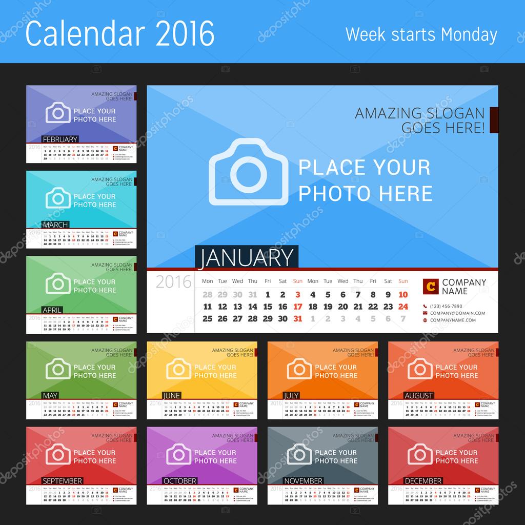 卓上カレンダー 2016 年。写真のための場所を持つベクター デザイン印刷テンプレート。12 月のセット。月曜始まり\u2014 Vector by mikhailmorosin