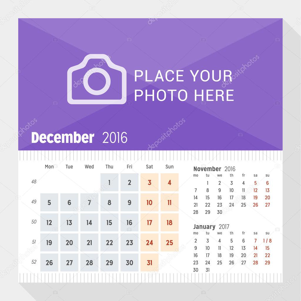 2016 年 12 月。2016 年の卓上カレンダー。月曜始まり。ページに 3 ヶ月。写真のための場所を持つベクター デザイン印刷テンプレート \u2013 ストックイラストレーション