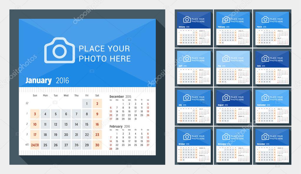 2016 年の卓上カレンダー。週は日曜日から開始します。ページに 3 ヶ月。12 月のセット。写真のための場所を持つベクター デザイン印刷テンプレート \u2013 ストック