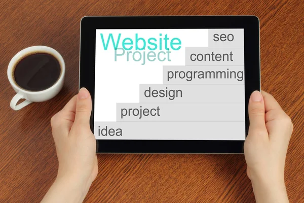 Hand hold tablet pc with website project's development steps