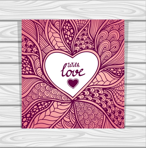 Template with Zen-doodle style pattern and heart frame pink lilac