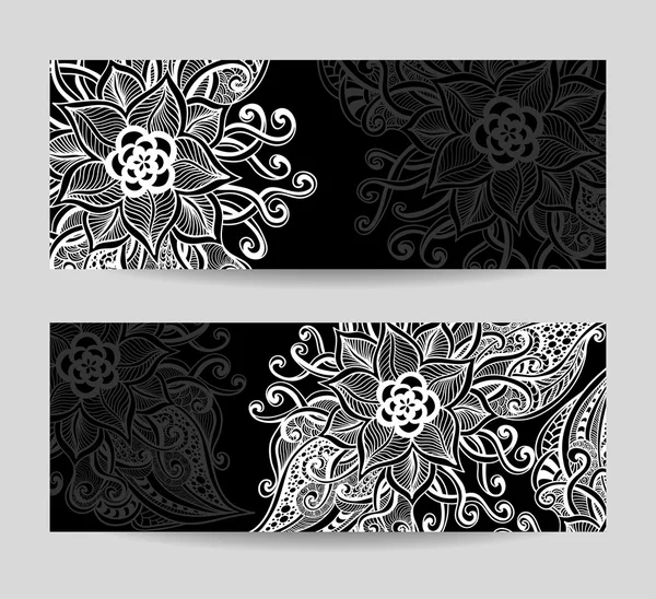 Set banners with Zen-doodle  abstract decorative flowers white on black