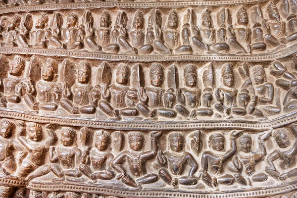 Yoga classes or ancient dances on surface of famous indian temple of Khajuraho. UNESCO Heritage site