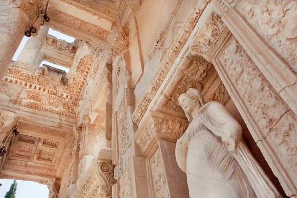 Ceiling of historical Celsus Library of Ephesus city with antique sculpture