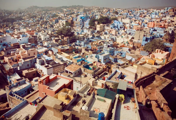 Aerial view on the street of historical indian city with blue and pink colors buildings