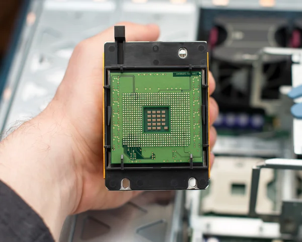 Computer technician holding CPU in front of motherboard.