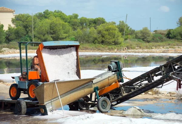 Sea salt production. The conveyor belt with salt.