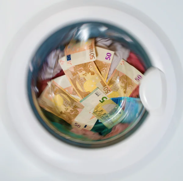 Lots of euros in washing machine. Dirty money concept.