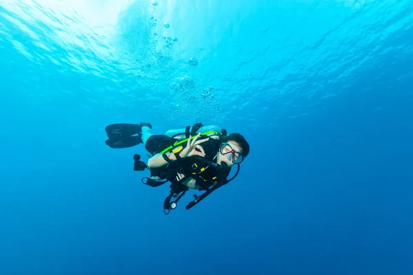 Female scuba diver underwater showing ok signal