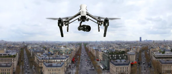 Drone flying above Paris city panorama