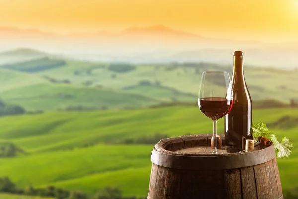 Red wine with barrel on vineyard in Italy