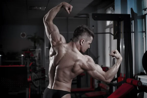 Bodybuilder posing in gym. Perfect muscular male back