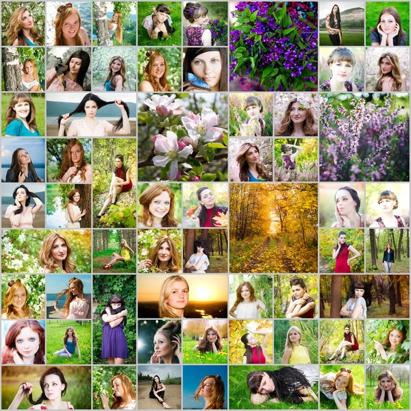 Beautiful woman collage made of 61 different pictures of women