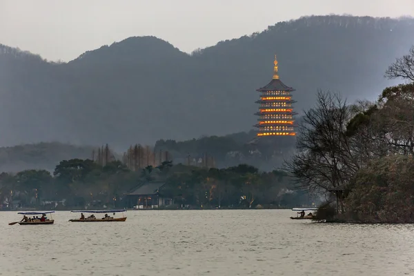 Old Chinese Leifeng Pagoda Boats West Lake Reflection Hangzhou Zhejiang China