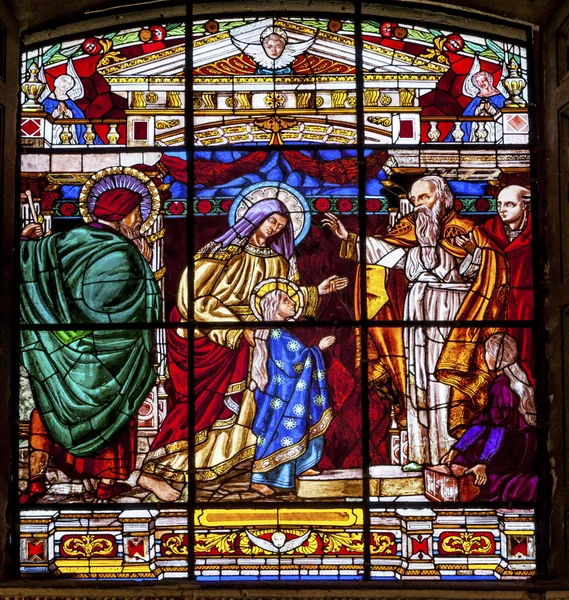 Mary Presenting Young Jesus to Temple Elders Stained Glass Old B