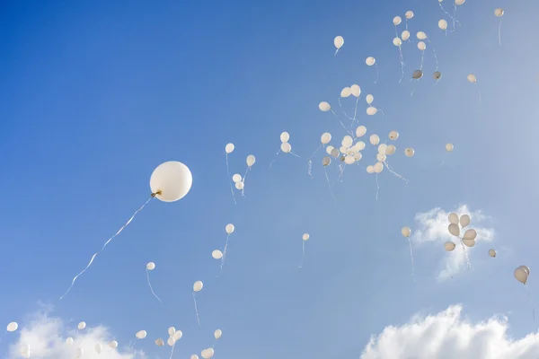 White balloons flying in the sky