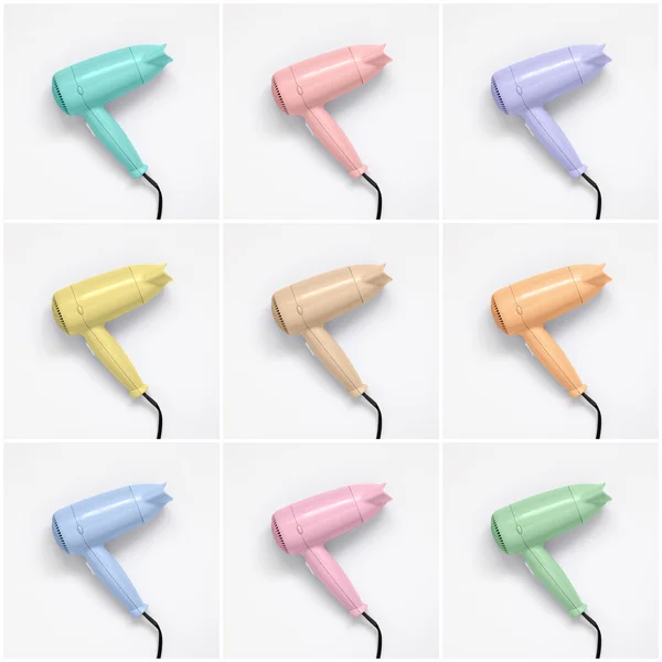 Collage of colorful hair dryers on white background