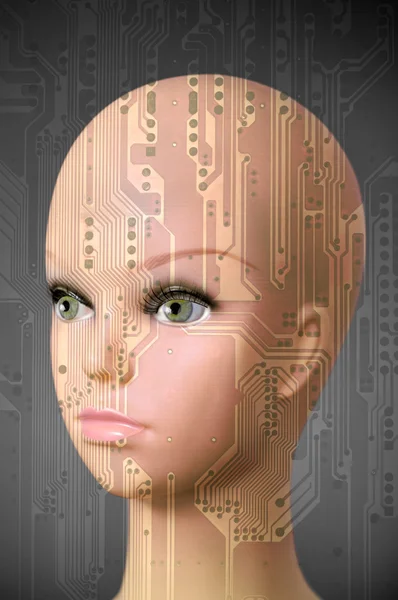 Female cyborg head on dark gray background