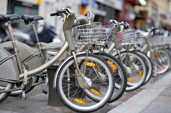 Row of city bikes for rent