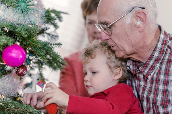 Grandparents with grandson decorating Christmas tree