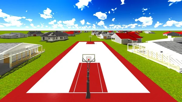 Suburban houses with basketball field
