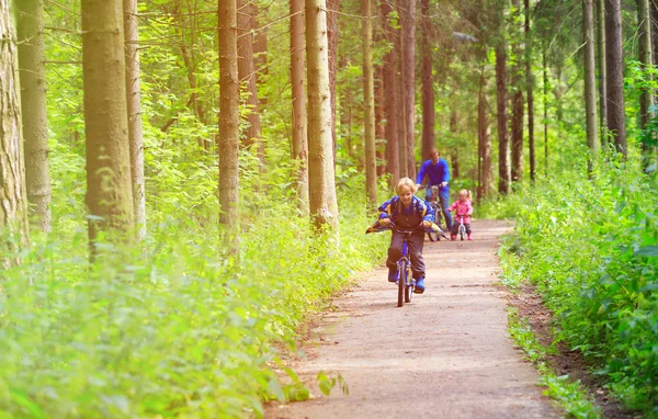 Family sport - father and kids riding bikes in summer forest