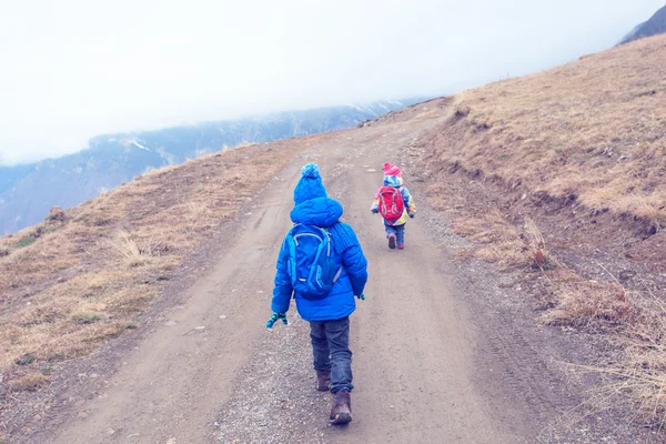 Little boy and girl with backpacks travel on the road to mountains