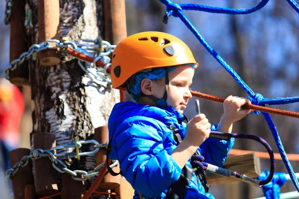 Little boy climbing in adventure activity park