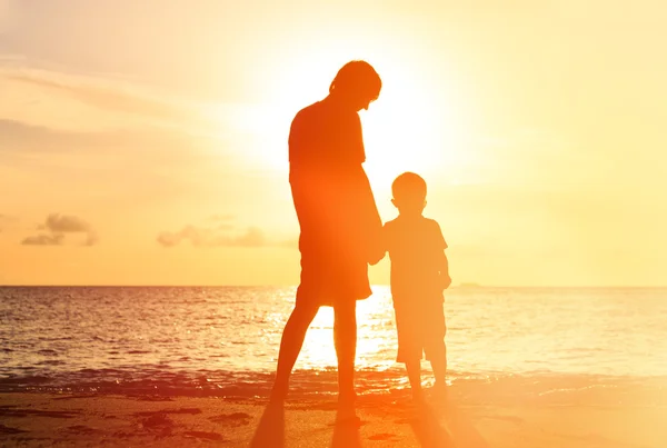 Silhouettes of father and son holding hands at sunset