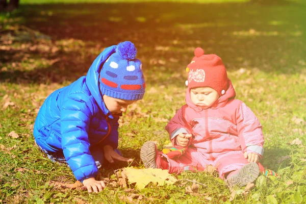 Cute little boy and girl playing in autumn fall