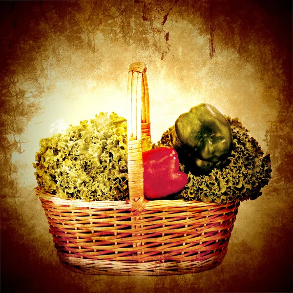 Basket organic vegetables vintage background