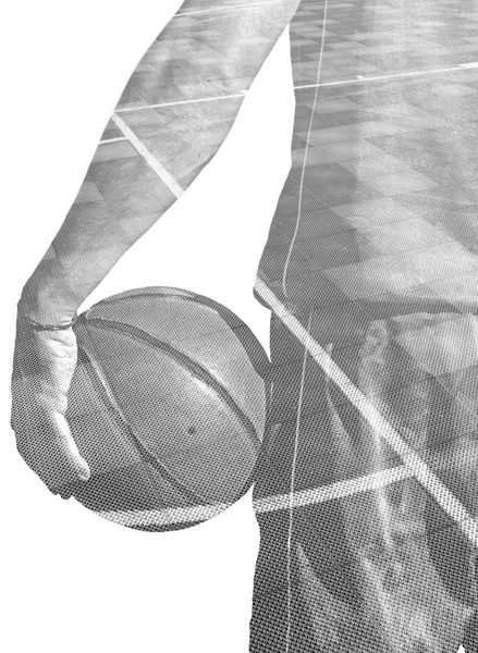 Double exposure of a basketball player and field in black and wh