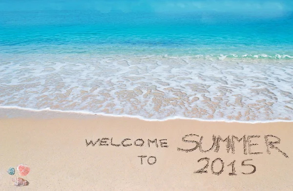 Welcome to summer 2015 written on a tropical beach