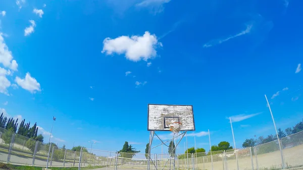 First person view of a basketball in a hoop