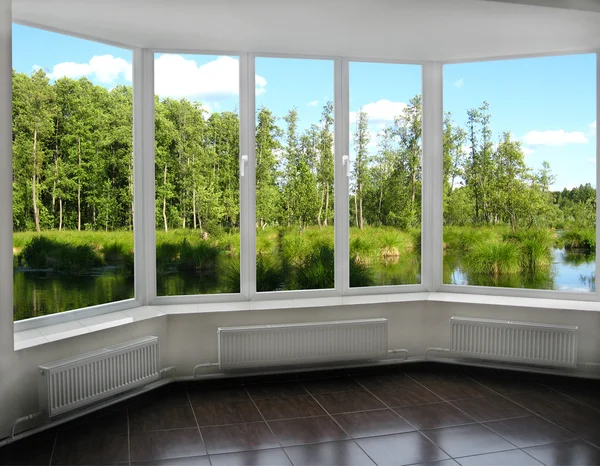 Window overlooking the forest lake