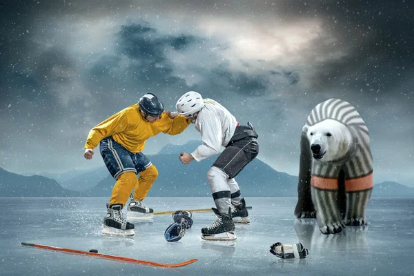 Ice hockey players boxing and bear