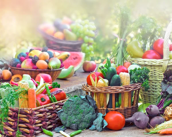 Fruits and vegetables in wicker baskets