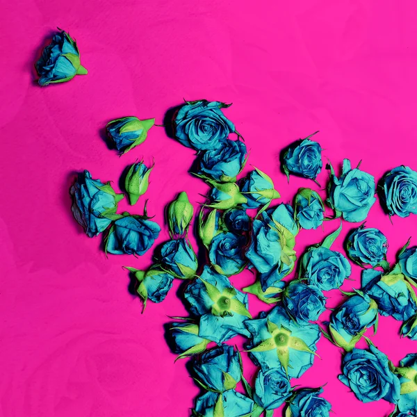 Blue roses on a crimson background. Acid design. Art. Minimalism