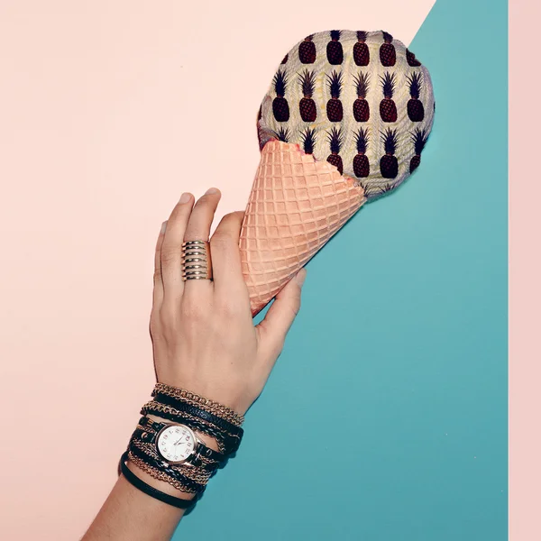 Stylish Black Watch Bracelet, Ring and Art Ice Cream. Be fashion