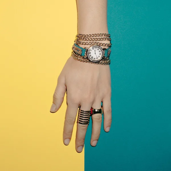Trendy Jewelry Lady. Bracelets and watches. Bright Summer Access
