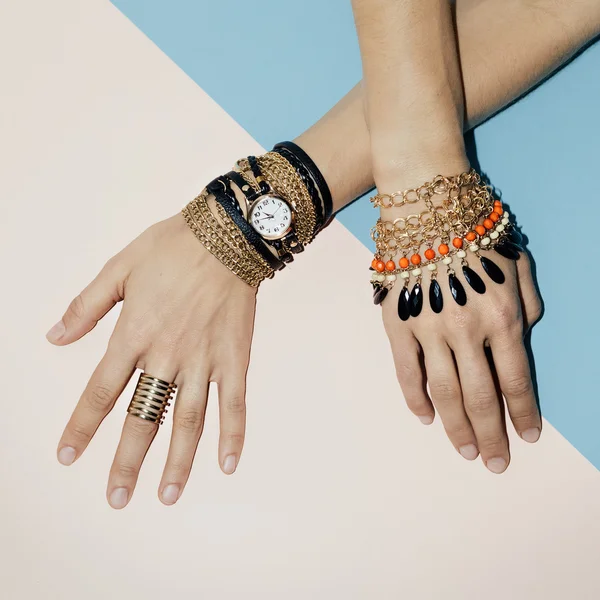 Black Jewelry fashion. Bracelets, watches and rings. Be stylish