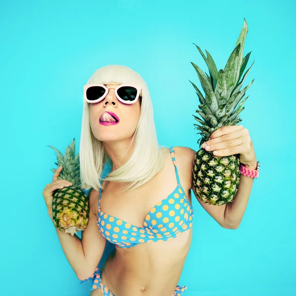 Pretty Blonde with Pineapple. Hot Beach Party Retro Style